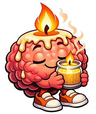 Illustrated CandleBrain mascot happily holding a lit candle